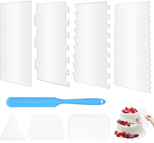 8Pcs Cake Scraper Cake Smoother Scraper, Acrylic Clear Edge Cake Scrape Cutters Smoother Tool, Plastic Cake Scraper Edge Smoother and Decorating Tools, Kitchen Baking DIY Tool with Silicone Scraper