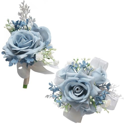MAFELOE Wrist Corsage and Boutonniere Set Artificial Rose Flowers Accessories for Groom Bride Groomsmen Bridesmaids Wedding Party Prom Suit - Dusty Blue-2 Pieces