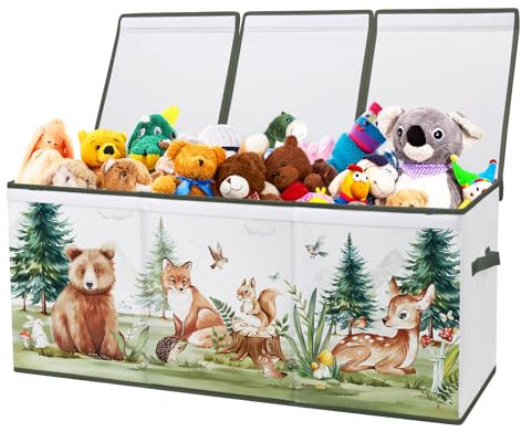 Decalsweet Extra Large Kids Toy Storage Box with Lid,Foldable Oxford Toy Storage Organizer Box for Boys Girls-96×32×40cm-Lightweight Toy Chest with Handles for Bedroom Nursery,Woodland Animal