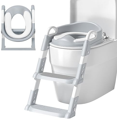 FANWINKJ Siège de toilette pour enfant avec escalier, siège de toilette pour enfants, pot d'apprentissage des toilettes avec escalier, pour garçons et filles (Gris)