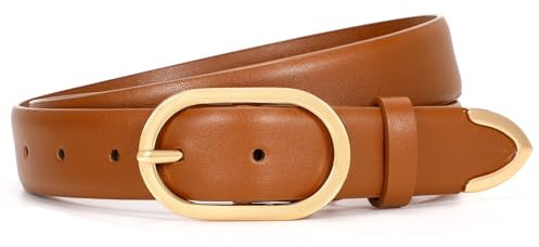 JasGood Cinturón de cuero para mujer para pantalones vaqueros Vestidos Moda Cinturón de cuero Damas Hebilla dorada Cinturón de mujer, marrón, L:120cm(Passt Taillenumfang 91cm-105cm)