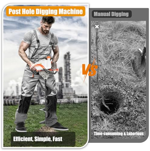HOARLICN Tarière à essence, 2 temps, 52 cc, 2,4 hp, avec 3 forets de diamètre (100, 150, 200 mm) et tige d'extension de 300 mm pour brouette, tarière, pelleteuse