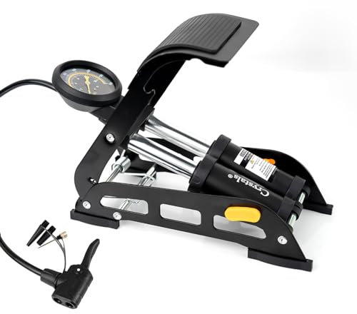 Crystals Bike Foot Pump with Pressure Gauge - Portable Bicycle Tyre Pump Presta Valve - Double Barrel Cycle Air Pump for All Bikes - Car Foot Pump with Schrader, Presta & Dunlop Valves