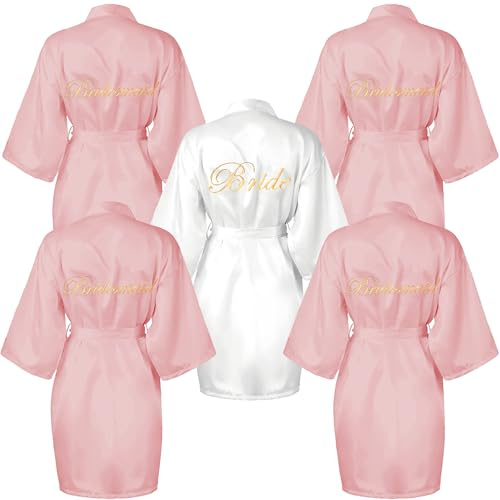 Kaxtde Lot de 5 peignoirs de mariée en satin pour demoiselle d'honneur - En vrac - Pour enterrement de vie de jeune fille - Pour enterrement de vie de jeune fille (rose, blanc)