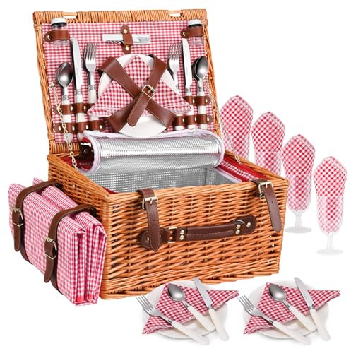 MINENICE Picknickkorb 4 Personen, Wicker Picknickkorb für 4 Personen mit Wasserdichter Picknickdecke und Besteckset, Picnic Basket mit Kühlfach für Camping, Outdoor, Party, Strand, Tagesreisen, Rosa