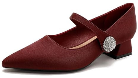 Women's Pointed Toe High Heel Pumps - Red Satin Wedding Shoes with Chunky Heel and Mary Jane Style,Black-36