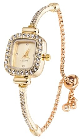 Halukakah Kids' Sparkling Diamond Watch - 18k Real Gold Plated - Gold Rectangle Dial - Quartz Adjustable Stainless Steel Wristwatch - Suitable for Boys and Girls