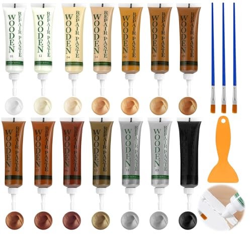 Kit de reparación de muebles de madera, Masilla para madera 14 Colores, Juego de reparación de suelos para muebles, Reparación Grietas, Arañazos, Agujeros, Decoloración Superficies de Muebles
