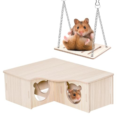 Zuxbolf Hamsterhaus aus Holz 22.5x18x7.8cm Meerschweinchenhaus Kaninchenhaus Hamster Haus Nagelfrei Meerschweinchen Versteck mit Schaukel Hamster Zubehör für Zwerghamster, Rennmäuse, Degus, Kleintiere