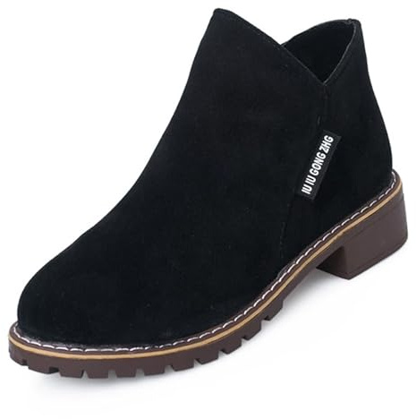 GHTRHSB Botines de cuero para mujer, de tacón bajo, holgados, informales, cómodos, de ante a la moda, con cremallera lateral, Black, 39.5 EU