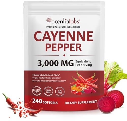 Cápsulas blandas de pimienta de Cayena con extracto de remolacha, curcumina de cúrcuma y espino, vitaminas D3, K2 y E: favorecen la salud cardíaca, 240 cápsulas fáciles de tomar.