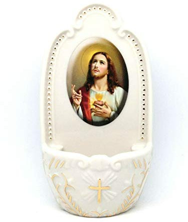 Petit bénitier en porcelaine Sacré Coeur Jésus 12.7cm Collection Florentine objet catholique