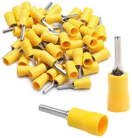 Baomain 50-Pack 0.11 Pin Terminals, Insulated Yellow Crimp Connectors for 12-10 AWG Wire, PTV 5.5-13 for Automotive Appliance Electrical Wiring DIY Projects