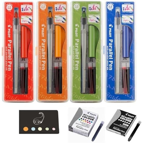 Lot 4 Coffrets Parallel Pen: 1,5 mm + 2,4 mm + 3,8 mm + 6,0 mm + 12 cartouches Couleurs assorties + 6 Cartouches noires + 1 Index Adhesif Blumie