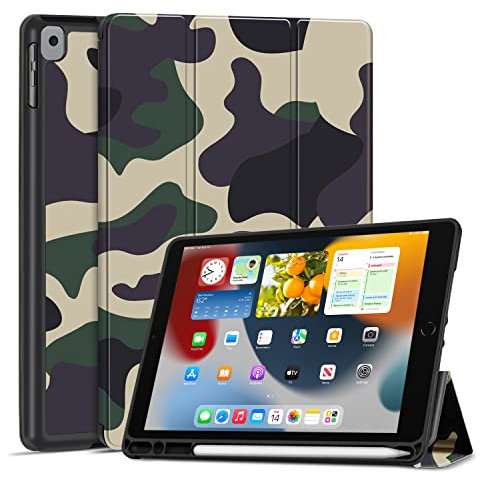 TNP iPad Hülle für iPad 9./8./7. Generation 10,2 Zoll 2021/2020/2019 Modell, Schutzhülle mit Stifthalter, dünner und weicher iPad Case aus TPU, mit Auto Schlaf/Wach Funktion, Tarnung Braun