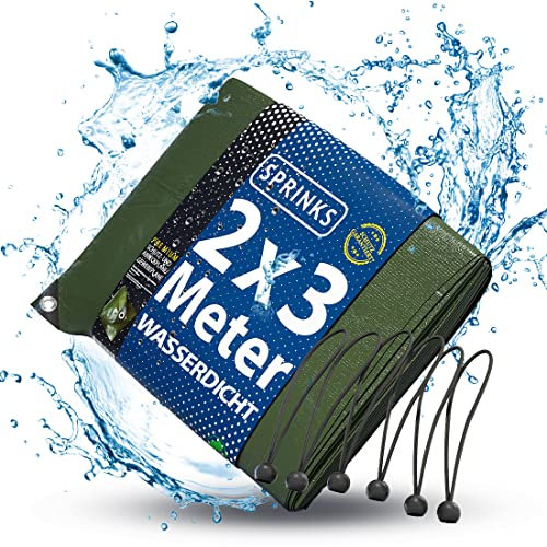 SPRINKS® Abdeckplane Premium 140 g/m² [2x3m] - Robuste Gewebeplane mit Ösen - Plane Wasserdicht und UV Beständig - Tarp Outdoor - Wetterfeste Allzweckplane inkl. 6 Planenspanner