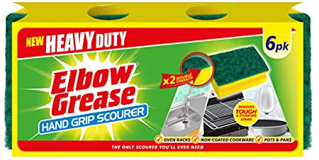 Elbow Grease Hand Grip Scourer - Heavy Duty | Suitable for Oven Racks, Non-Coated Cookware, Pots & Pans - Double Strength | Removes Tough and Stubborn Stains - Washing Up Sponge (6 Pack Yellow/Green)