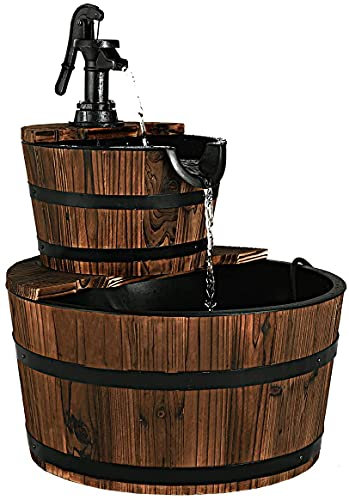DREAMADE Fontaine de Jardin en Bois à Débit d'eau Réglable, Fontaine à Eau Décorative avec Pompe de Circulation, 2 Étages avec Cascades, pour Intérieur ou Extérieur Marron Foncé