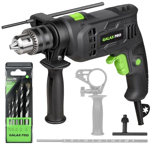 GALAX PRO 4.5Amp 0-3000RPM Corded Hammer Drill, 5pcs Bit, Hammer and Drill 2 Functions in 1 with 12 Variable Speed, 1/2 Inch Keyed Metal Chuck, 360°Rotating Handle