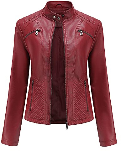 e-girl Veste biker femme en simili cuir Col montant Zip,Burgundy,36