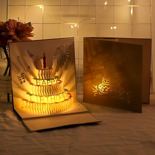 MZSX Feliz Cumpleaños Tarjetas Con Sobres, canta y brilla, Pastel de cumpleaños 3D, adecuadas para mujeres, hombres y niños, Diseño divertido, Navidad, craft