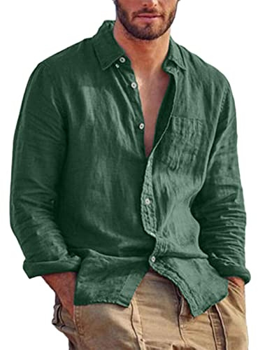 Youthful flying Camisa de Lino Hombre Manga Larga Camiseta Outdoor Loose Regular Fit T-Shirt Verano Henley Shirt(Size:yo,Color:Verde)