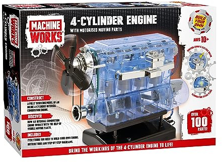 Machine Works - Build Your Own 4-Cylinder Petrol Car Engine Replica Model Building Kit - Features Real Sounds and Illumination, 100+ Pieces, 8+ Years