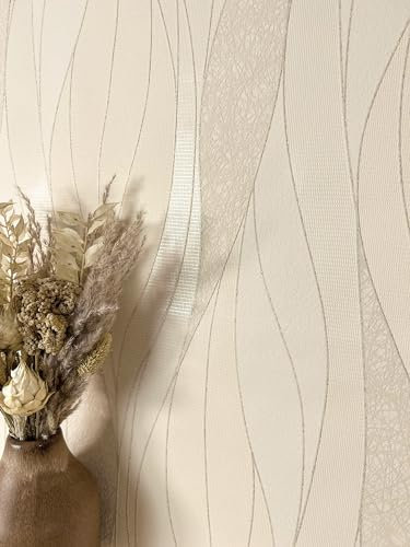 Newroom Tapete Creme Vliestapete Linien - Streifentapete Streifen Wellen Glitzer Glitzertapete Modern Geschwungene Linien Klassisch inkl. Tapezier-Ratgeber