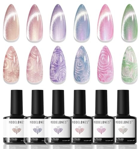 Modelones UV Nagellack 6 Farben Gel Nagellack UV Glitzer Rosa Nude Blau Lila Gold Grün Perle Effect Cat Eye GelNagellack mit Stick&Magnet den Kreis zeichnen