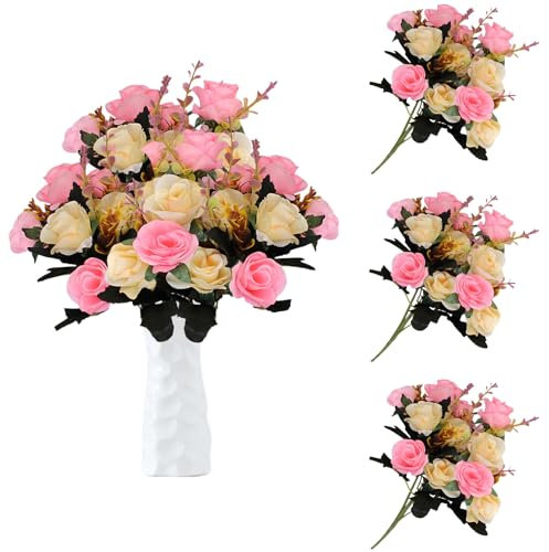 astylishome Faux Flowers Artificial Rose Bouquets Fake Roses Bridal Bouquet Realistic Flower Pink Rose Flower for Home Garden Party Wedding Office Decorations 0107