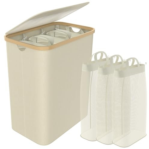 SUBTLETY 140L Wäschekorb aus Oxford-Gewebe 3 Fächer Abnehmbar Wäschesammler mit Bambusrahmen Faltbare Wäschesack Wäscheboxen mit Griff & Deckel Wäschesortierer Wäschetonne für Waschküche (Beige)