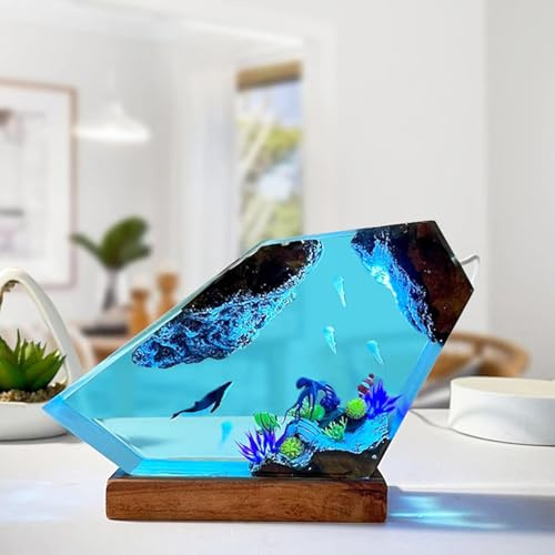 Drawelry Ocean Creative Epoxy Resin Wood Light Lamp, Handmade Multi Color Deep Sea Diver Cave Diving Enthusiasts Led Night Light, Aquatic Ocean Lamp Birthday Desktop Decor Gift (Jellyfish)