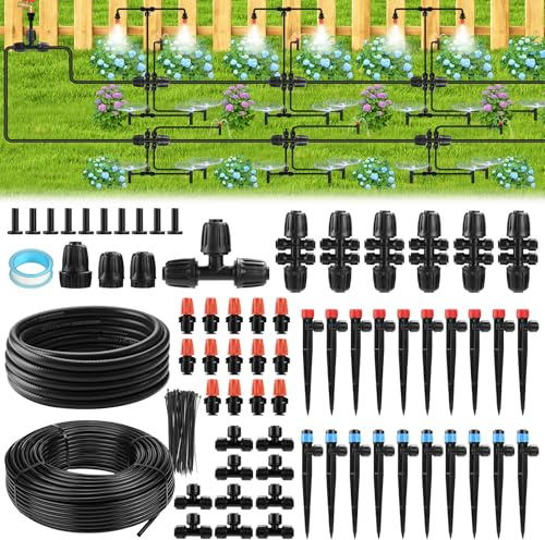 234FT Drip Irrigation System - Garden Watering System with Adjustable Three Spray Patterns with 1/2 Main Tube and 1/4 PE Distribution Tubing for Plants in Gardens, Raised Beds, Greenhouses, Lawns