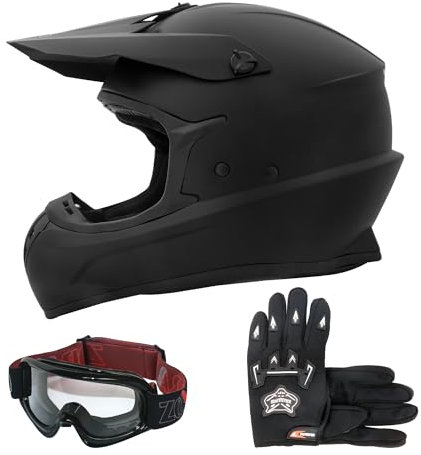 Zorax Matt Black L (59-60cm) ZOR-X305 Motocross HELMET & Gloves L(10cm) & Goggles - MX Quad ATV Sports Enduro Crash Dirt Bike Helmet ECE 22.06 Certified