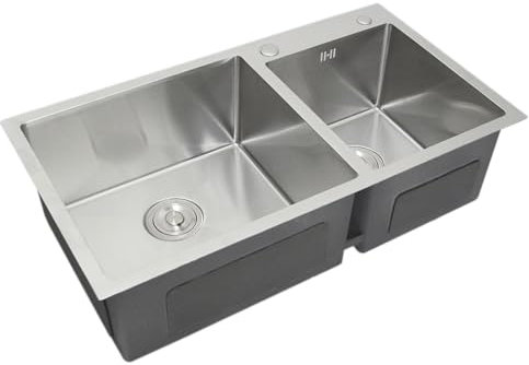 Dubbeldiskho i Rostfritt Stål | Satinerad Yta | 1mm Tjocklek | Lättrengörlig & Korrosionsbeständig | Inkl. Propp & Vattenlås | Enkel Installation | Perfekt för Kök & Tvättstuga | 82x45cm
