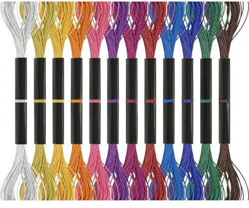 12 Skeins Glitter Embroidery Threads - Multi-Color Metallic Embroidery Floss for Cross Stitch & DIY Crafts - Silk Satin Polyester String for Bracelets & Sewing Projects (Mixed Colors)