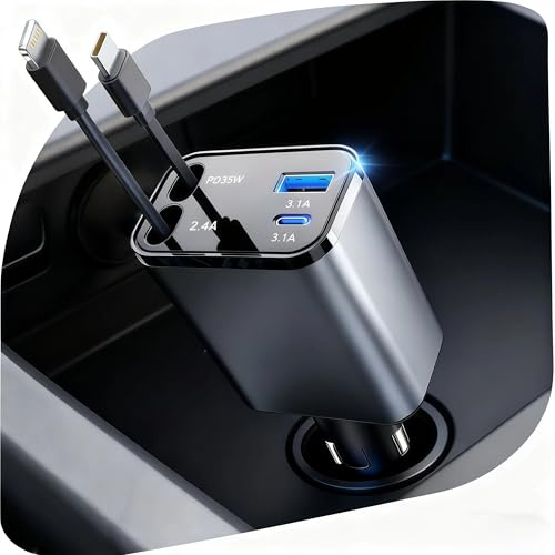 78W 4 en 1 Chargeur Allume Cigare Voiture USB C Charge Rapide Rétractable Chargeur Voiture Câbles Intégrés 75 cm Pivot 180°avec iPhone17 16 15 14 13 12 Pro Max iPad Android Tablet