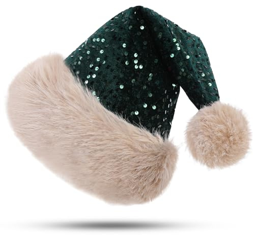 CITÉTOILE Bonnet de Noel Adulte, Bonnet Noël Chapeau avec Les sequins, Chapeaux de Noël en peluche pour Unisexe, Santa Hat pour Vacances et Nouvel An Chapeau Noel, Vert
