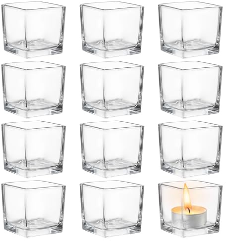 Lot de 12 photophores carrés en verre – Bougeoirs en verre de qualité supérieure pour décoration de mariage, photophores, décoration de table, salon et fêtes (5 x 5 x 5 cm, transparents, sans plomb)