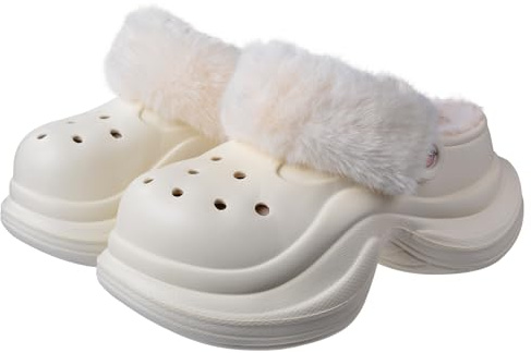 Harssidanzar Zuecos con Plataforma para Mujer con Forro Mullido, Zapatos de jardín de EVA con Forro Polar y Correas HL245EU,Blanco,Talla 38