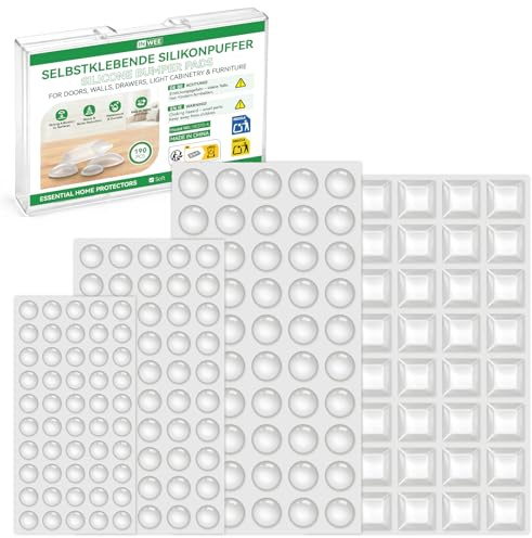 Inwee 190 Pezzi Ammortizzatore di Colpi, Gommini Silicone Trasparenti Paracolpi, Adesivi Ammortizzatore di Colpi, Paracolpi in Silicone per Porte, Mobili, Cassetti, Armadietti (4 Misure)