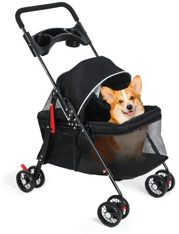 Passeggini per cani di piccola taglia, 4 ruote Passeggino per animali domestici Carrello per cani su ruote Passeggino pieghevole per gatti Passeggino con portabicchieri Carico 9,1 kg 360 ° Mesh