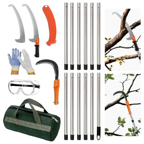 Teleskop Astsäge aus Kohlenstoffstahl,Astsäge mit Teleskopstiel+Sichel,mit 12-teiliger Teleskopsäge 0,59-5,53m Hochentaster Baumsäge,Tragetasche,Schutzbrille und Handschuhe,C60 Profi-Gartengeräte