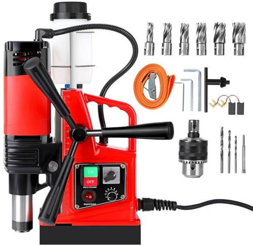 1400W Magnetic Drill Press 6 Drill Bits, 2 Max Drilling Diameter, Forward/Reverse Self-Locking, Double Track System, 810RPM Adjustable Speed, Portable Power Tool – Industrial & Home Metal Drilling