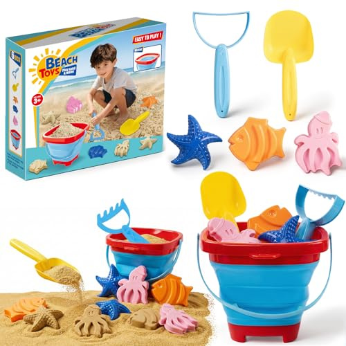 Juego de Juguetes Playa Plegables para niños, 1 Cubo Playa, Palas, rastrillo, 3 moldes de Arena y Bolsa de Almacenamiento de Malla, Juguetes para la Arena para niños de 3 a 10 años