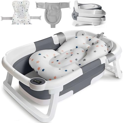 LiveGo Foldable Baby Bath Tub with Digital Thermometer – Collapsible Newborn Bathtub with Soft Cushion & Mesh Support Net – Anti-Slip Portable Travel Spa for Infants & Toddlers 0-3 Year (Grey Star)