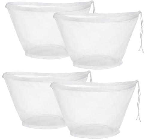 4 Stück Nussmilchbeutel, Extra Groß Feinmaschiges Passiertuch Wiederverwendbar Schüsselform Nylon Käsetuch Abseihtuch mit Kordelzug Filterbeutel für Käse Fruchtsaft Mandel Joghurt Wein Tofu Kaffee