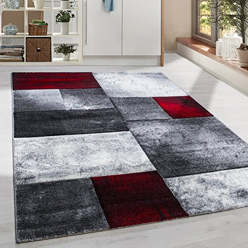 Homebyhome matta 160x230 cm kort lugg konturskuren röd grå vit rutdesign tvättbar extra mjuk för vardagsrum matsal sovrum