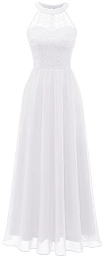 Wedtrend Damen Brautjungfer Kleid Lang Chiffon Abendkleid Party Brautkleid Neckholder Ballkleider Damen Lang Weiß WT0201 White L