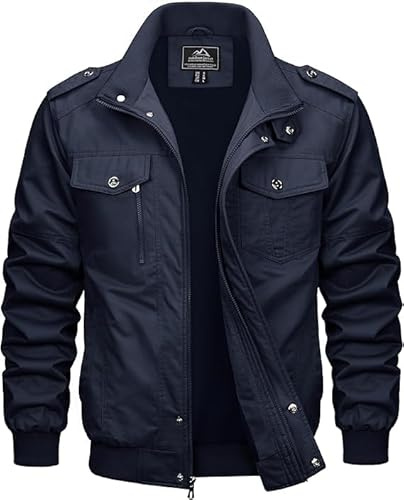 MAGCOMSEN Chaqueta Cargo para Hombre de Entretiempo Militar, Cortavientos de Aviador con Cuello Alto, Múltiples Bolsillos de Trabajo en Algodón para Exterior